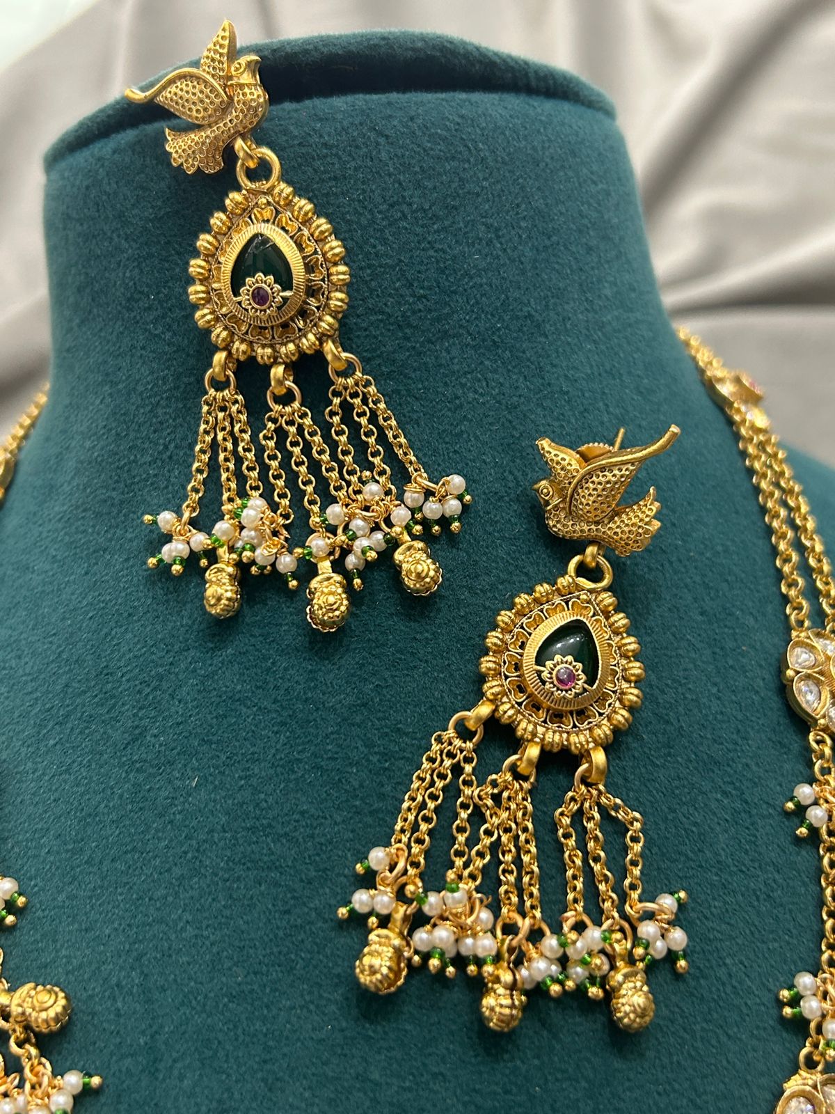 Antique Gold Temple Long Necklace with Earrings – Bird & Floral Motif